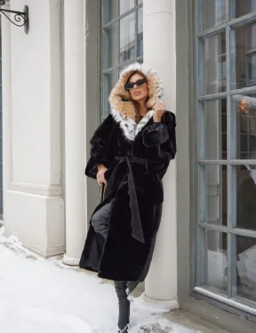 Норковая шуба с капюшоном из рыси цвет черный бриллиант