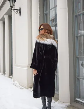 Норковая шуба с капюшоном из рыси цвет черный бриллиант