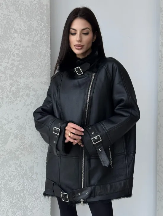 Черная дубленка - авиатор на тоскане