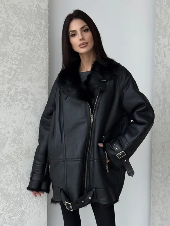 Черная дубленка - авиатор на тоскане