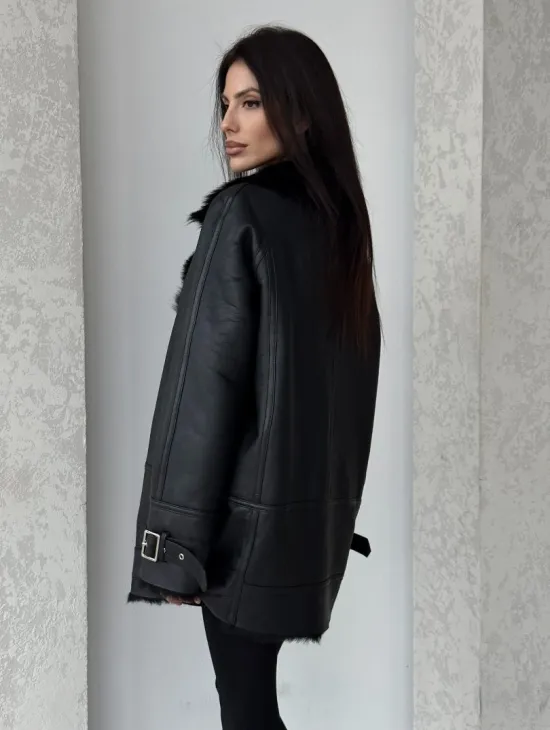 Черная дубленка - авиатор на тоскане