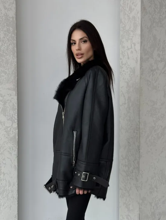 Черная дубленка - авиатор на тоскане