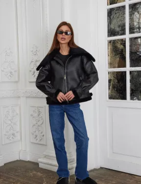 Черная дубленка из овчины с отложным воротником