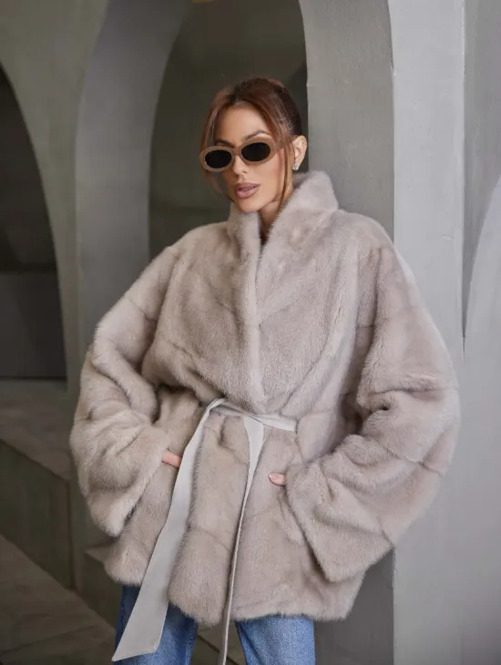 Кимоно норковое воротник отворот - цвет нюдовый