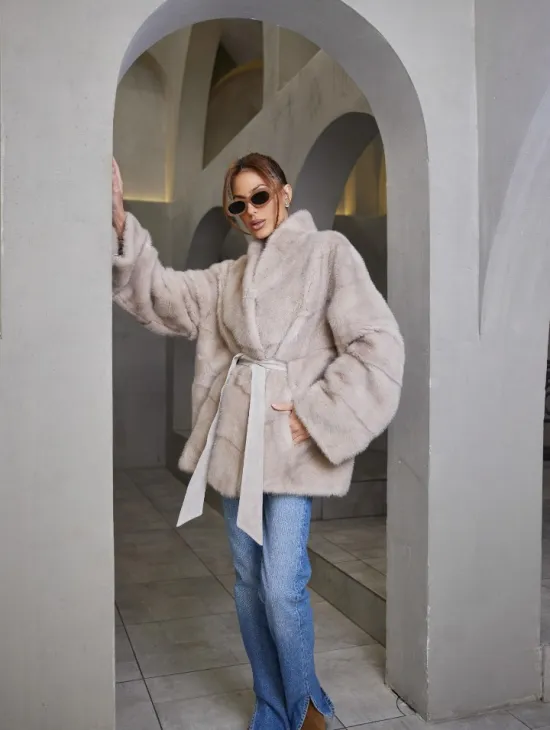 Кимоно норковое воротник отворот - цвет нюдовый