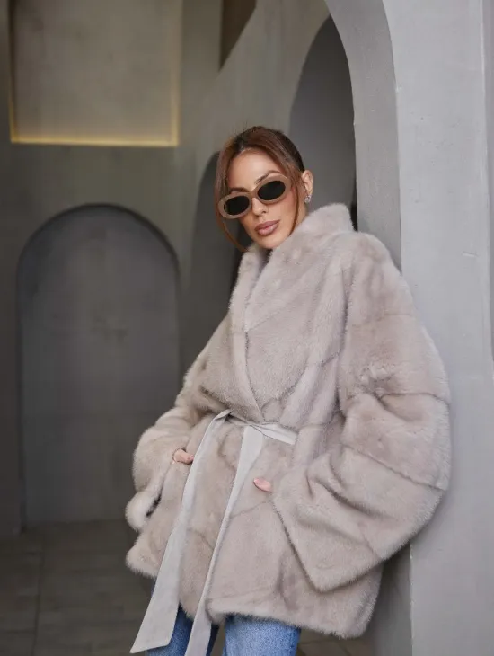 Кимоно норковое воротник отворот - цвет нюдовый