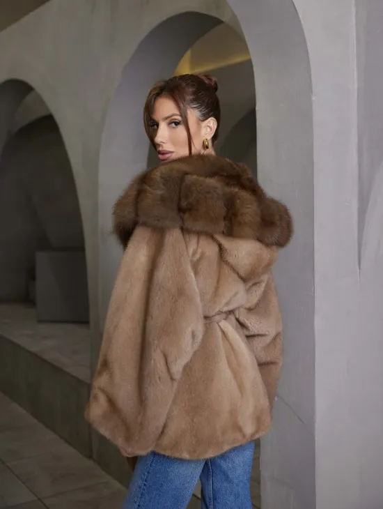 Норка NAFA пошив роспуск пастель с капюшоном куница -летучая мышь