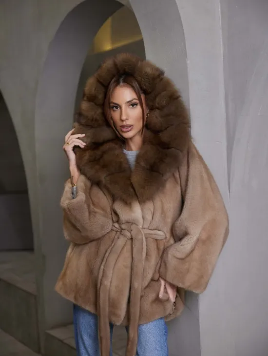 Норка NAFA пошив роспуск пастель с капюшоном куница -летучая мышь