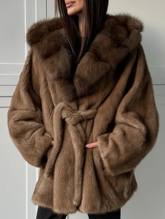 Норка NAFA пошив роспуск пастель с капюшоном куница -летучая мышь