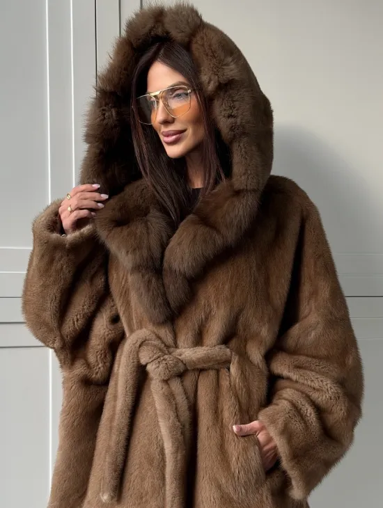 Норка NAFA пошив роспуск пастель с капюшоном куница -летучая мышь