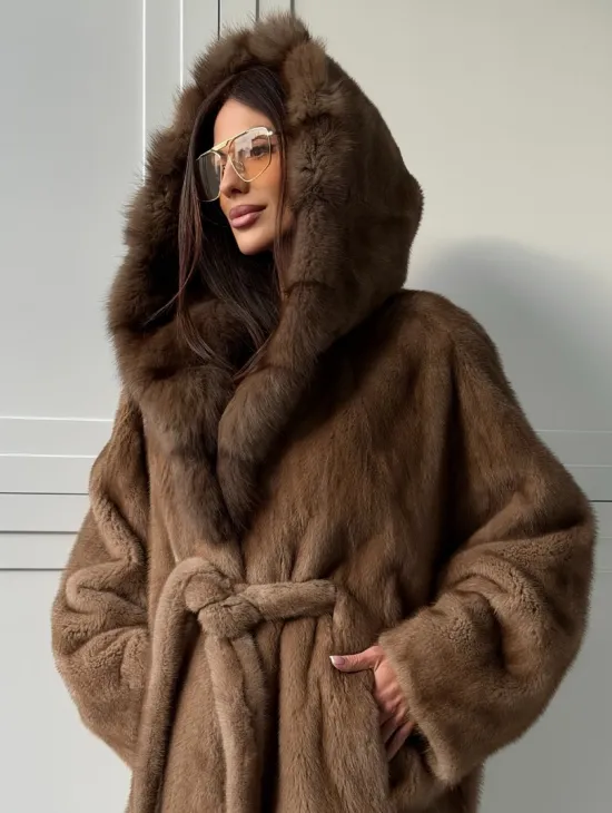 Норка NAFA пошив роспуск пастель с капюшоном куница -летучая мышь