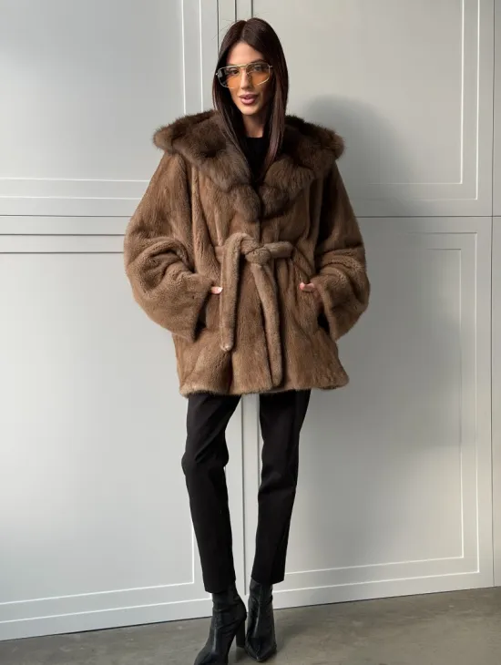 Норка NAFA пошив роспуск пастель с капюшоном куница -летучая мышь