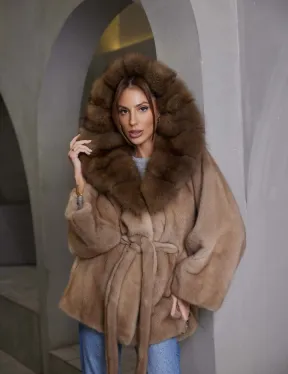 Норка NAFA пошив роспуск пастель с капюшоном куница -летучая мышь