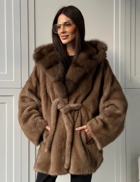 Норка NAFA пошив роспуск пастель с капюшоном куница -летучая мышь