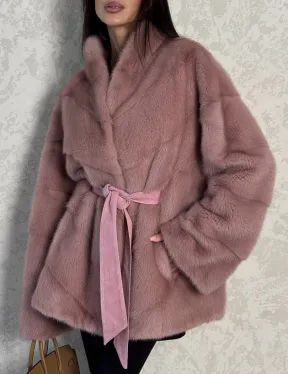 Кимоно норковое воротник отворот - цвет розовый жемчуг