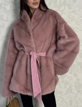 Кимоно норковое воротник отворот - цвет розовый жемчуг