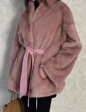 Кимоно норковое воротник отворот - цвет розовый жемчуг