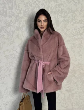 Кимоно норковое воротник отворот - цвет розовый жемчуг