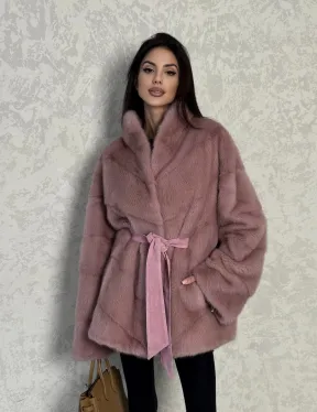 Кимоно норковое воротник отворот - цвет розовый жемчуг