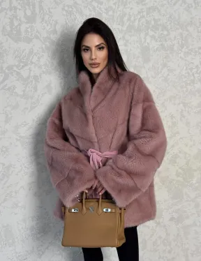 Кимоно норковое воротник отворот - цвет розовый жемчуг