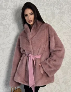 Кимоно норковое воротник отворот - цвет розовый жемчуг