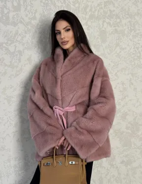 Кимоно норковое воротник отворот - цвет розовый жемчуг