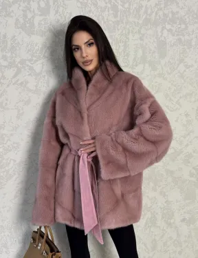 Кимоно норковое воротник отворот - цвет розовый жемчуг