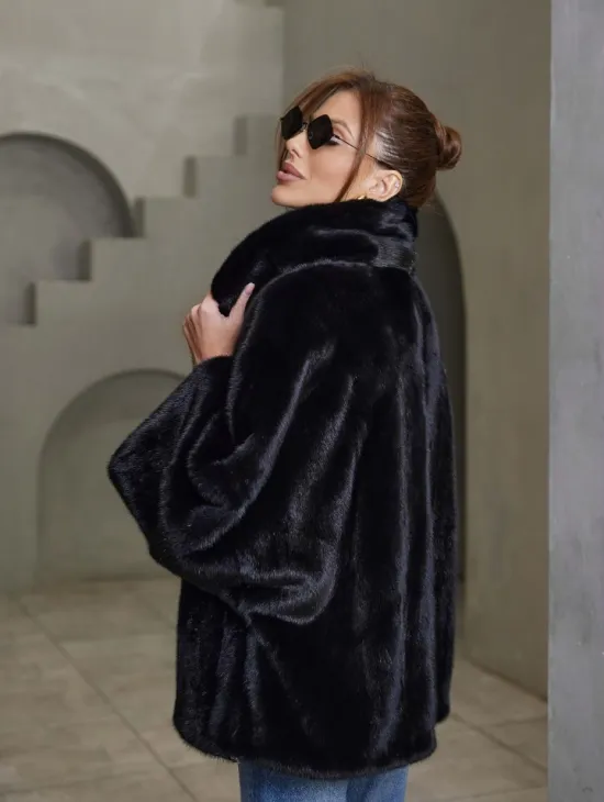 Норковый жакет роспуск - английский воротник -черный