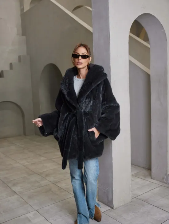 Норка графит роспуск с капюшоном летучая мышь