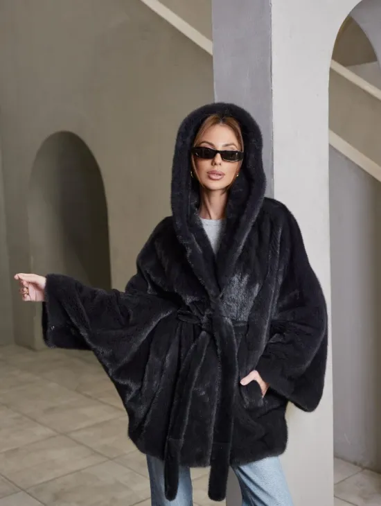 Норка графит роспуск с капюшоном летучая мышь