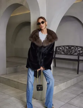 норка в роспуск шуба - черная с капюшоном куница