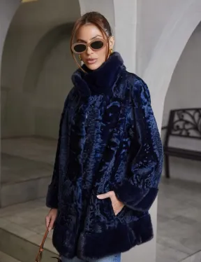Шуба из каракульчи стойка воротник - цвет синий