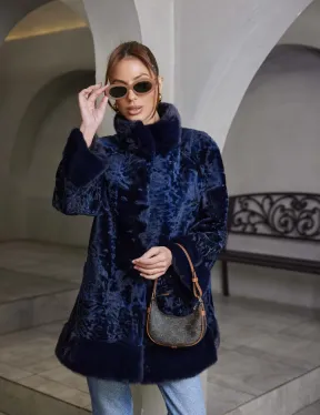 Шуба из каракульчи стойка воротник - цвет синий