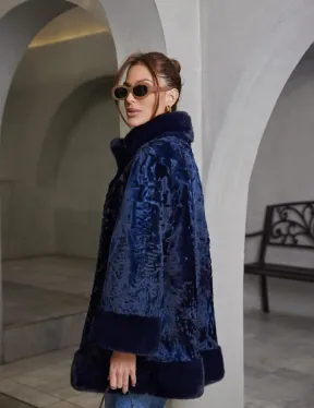 Шуба из каракульчи стойка воротник - цвет синий
