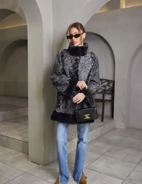 Шуба каракульча стойка воротник норка - цвет графит