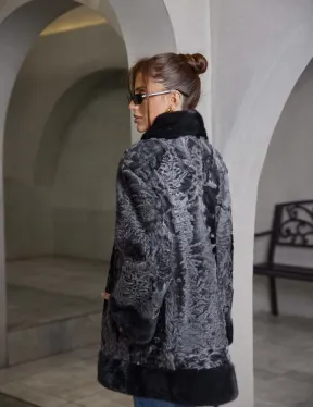 Шуба каракульча стойка воротник норка - цвет графит