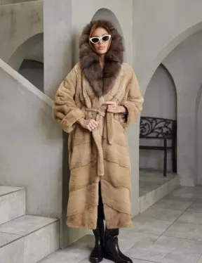 Длинная норковая шуба кимоно, карамель капюшон куница