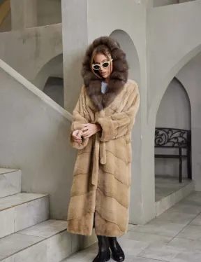 Длинная норковая шуба кимоно, карамель капюшон куница