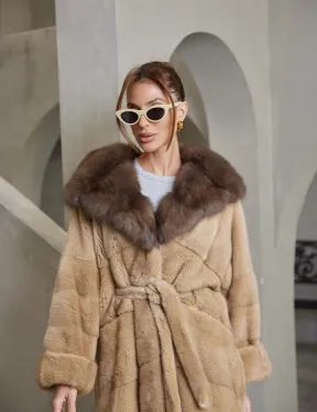 Длинная норковая шуба кимоно, карамель капюшон куница