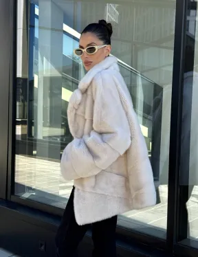 Короткая норковая шуба с английским воротником - цвет ваниль