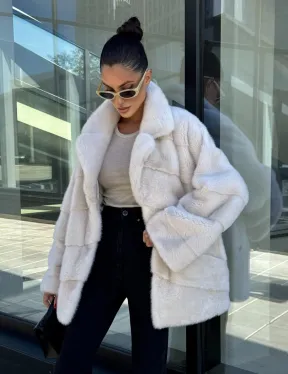 Короткая норковая шуба с английским воротником - цвет ваниль