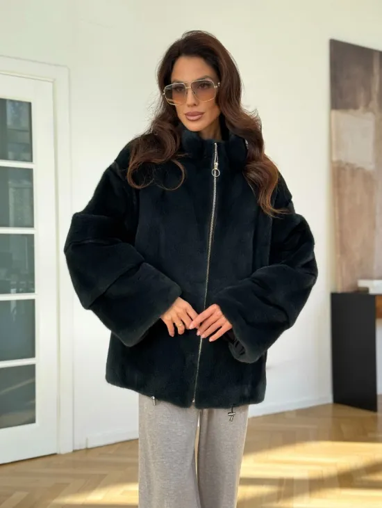 Бомбер из плюшевой норки NAFA - цвет темный изумруд