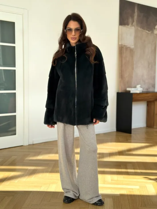 Бомбер из плюшевой норки NAFA - цвет темный изумруд