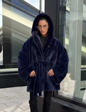 Шуба летучая мышь с капюшоном цвет аквамарин - паркетная раскладка