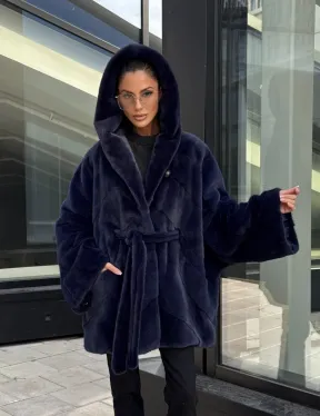 Шуба летучая мышь с капюшоном цвет аквамарин - паркетная раскладка