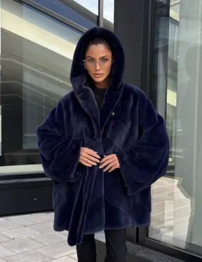 Шуба летучая мышь с капюшоном цвет аквамарин - паркетная раскладка