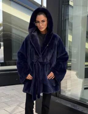 Шуба летучая мышь с капюшоном цвет аквамарин - паркетная раскладка