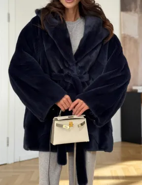 Шуба летучая мышь с капюшоном цвет аквамарин - паркетная раскладка