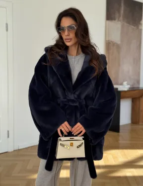 Шуба летучая мышь с капюшоном цвет аквамарин - паркетная раскладка