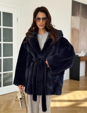 Шуба летучая мышь с капюшоном цвет аквамарин - паркетная раскладка